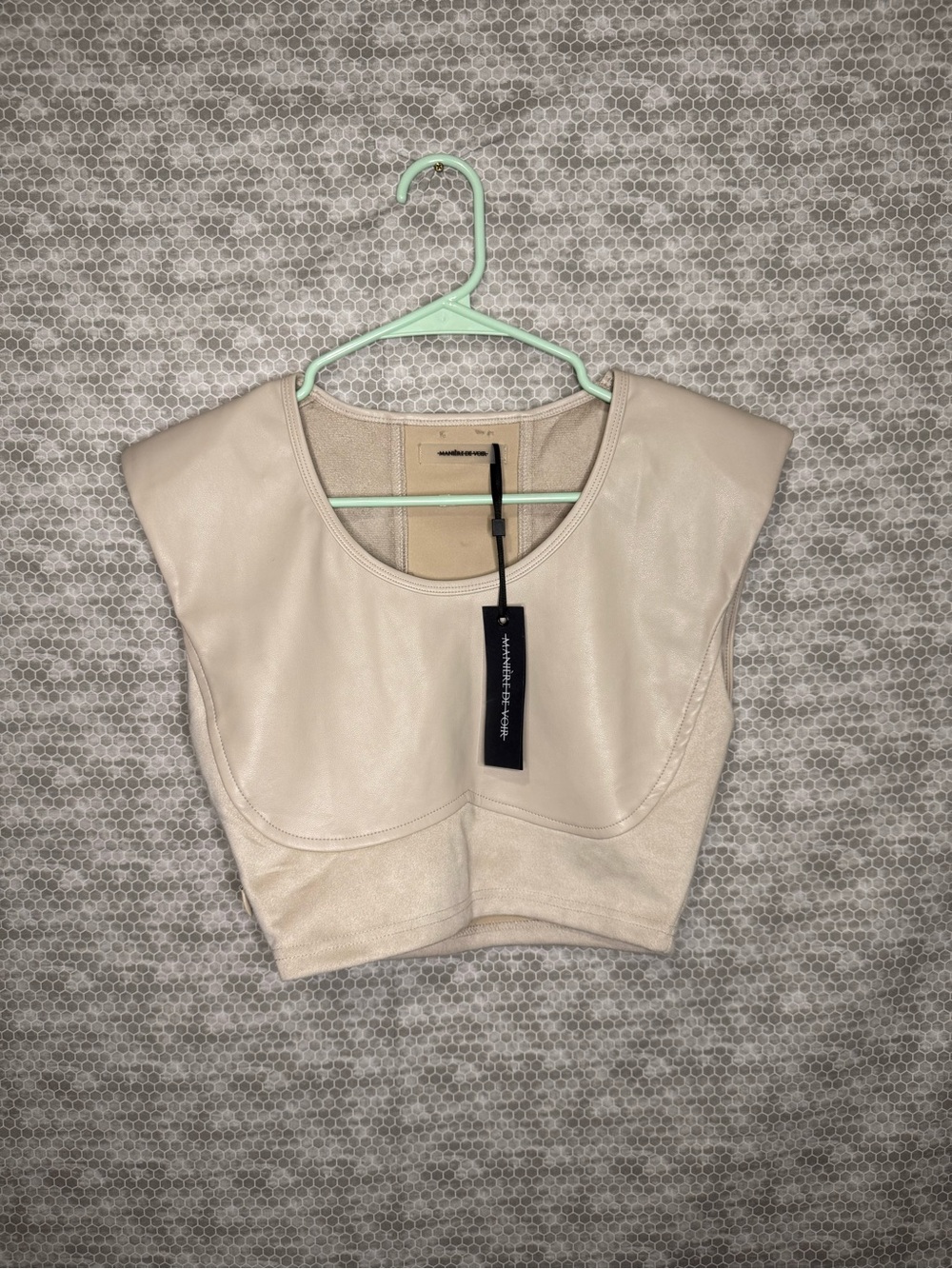 Maniere De Voir Cream Faux Leather Sleeveless Crop Top